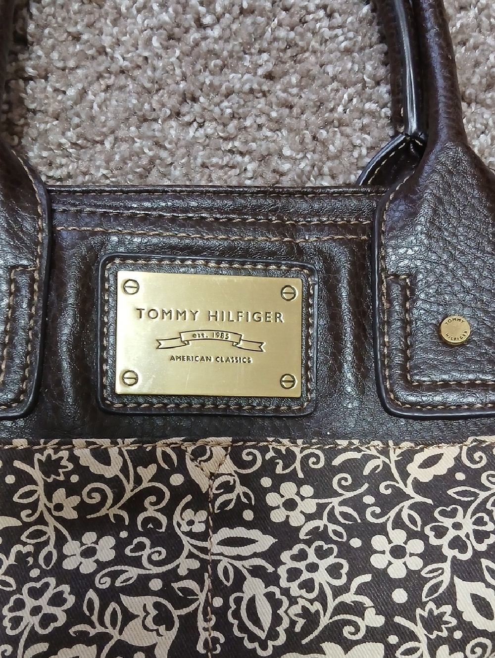 Y2K Tommy Hilfiger Brown and Cream Floral Canvas Tote - Picture 3 of 13